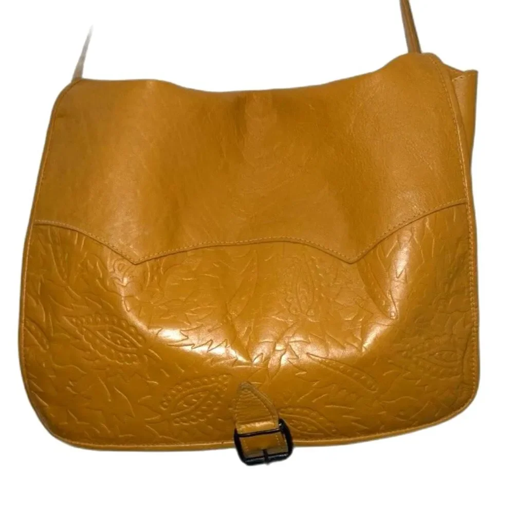 Barganza Genuine Leather Mustard Yellow Embossed Paisley Messenger Bag